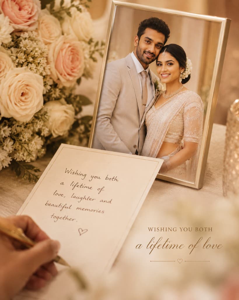 A handwritten guest wish beside a framed portrait